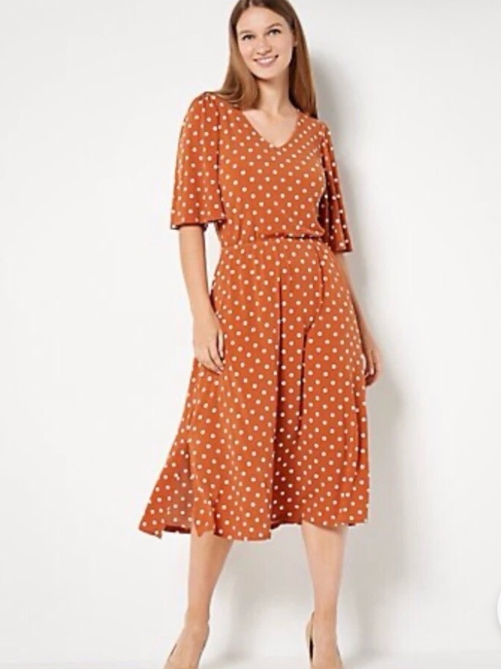 Polka Dot V-Neck Midi Dress in Rust